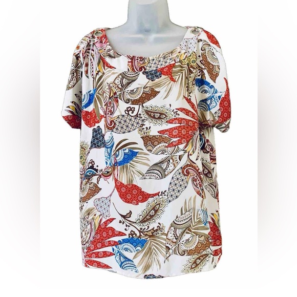 Melissa Paige Women's Size  L Blouse Top Split Grommet Sleeve Nature Boho Print - Picture 12 of 12